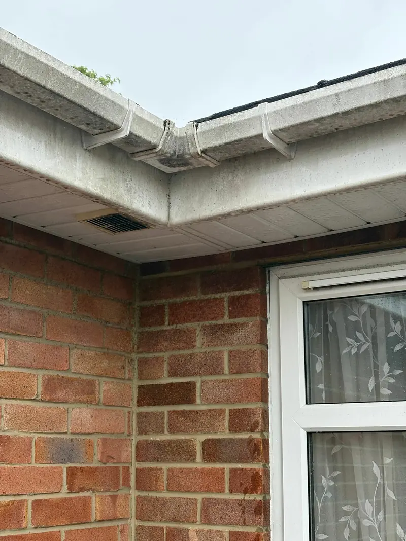 Fascia, soffit and gutter before cleaning, grey with dirt and algae