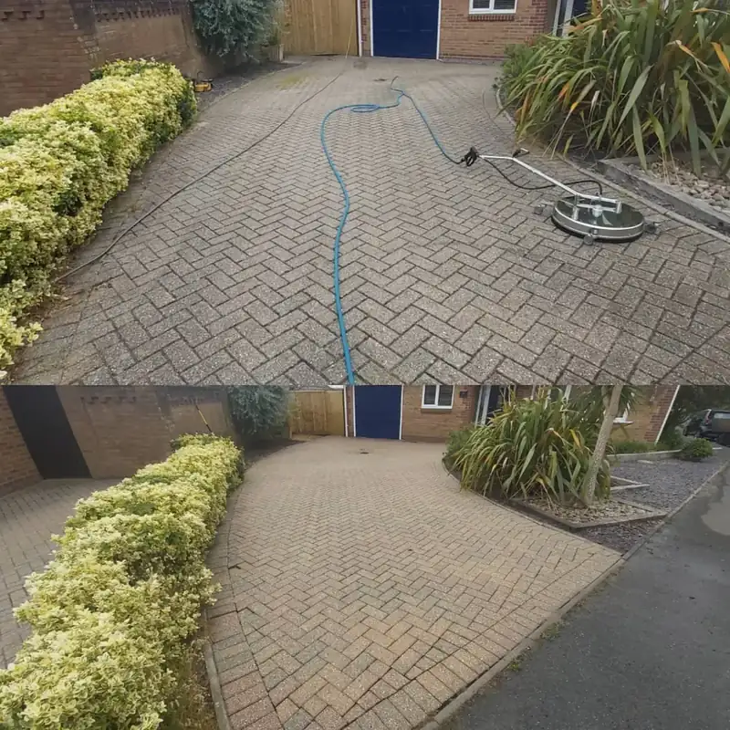 A block paved drive before and after jet washing