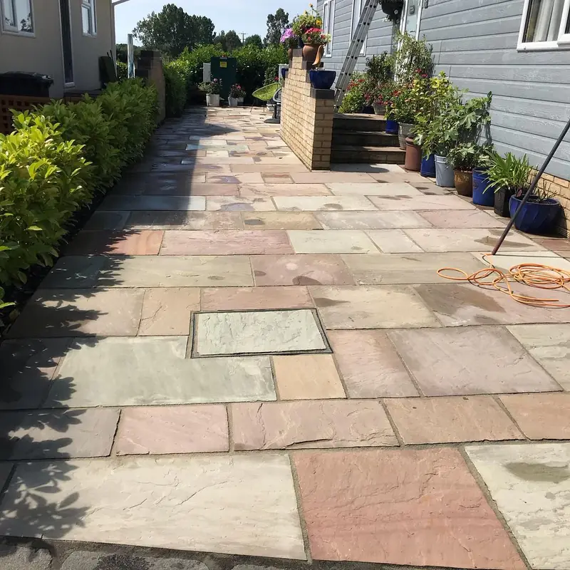 A sandstone patio and steps after cleaning
