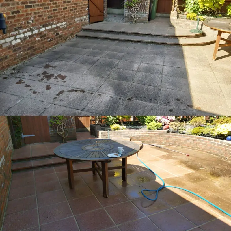 A patio before and after cleaning