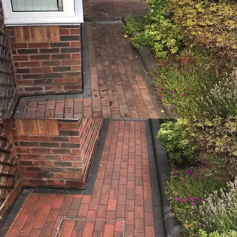 A block paved path before and after cleaning