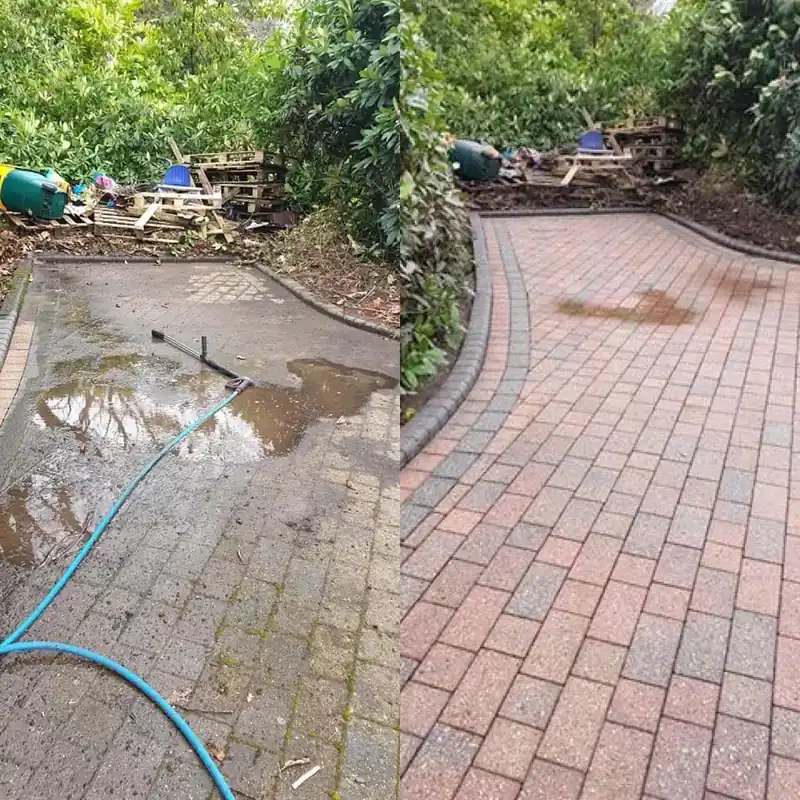 A block paved drive before and after cleaning